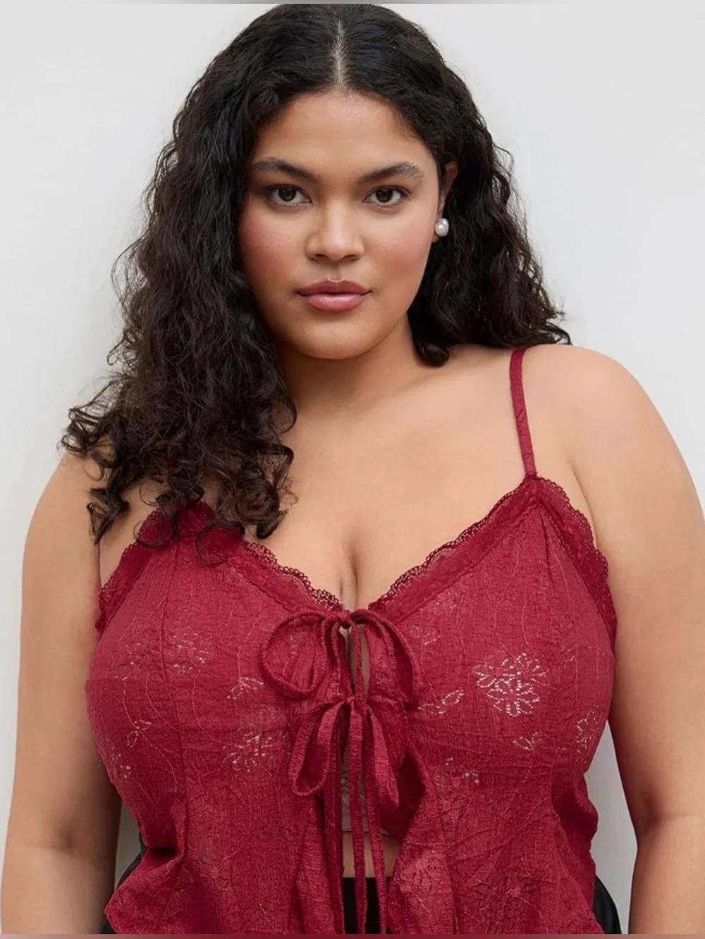 Cider Lace Ruffle Hem Knotted Tie-Front Crop Top in Deep Red - Picture 2 of 10